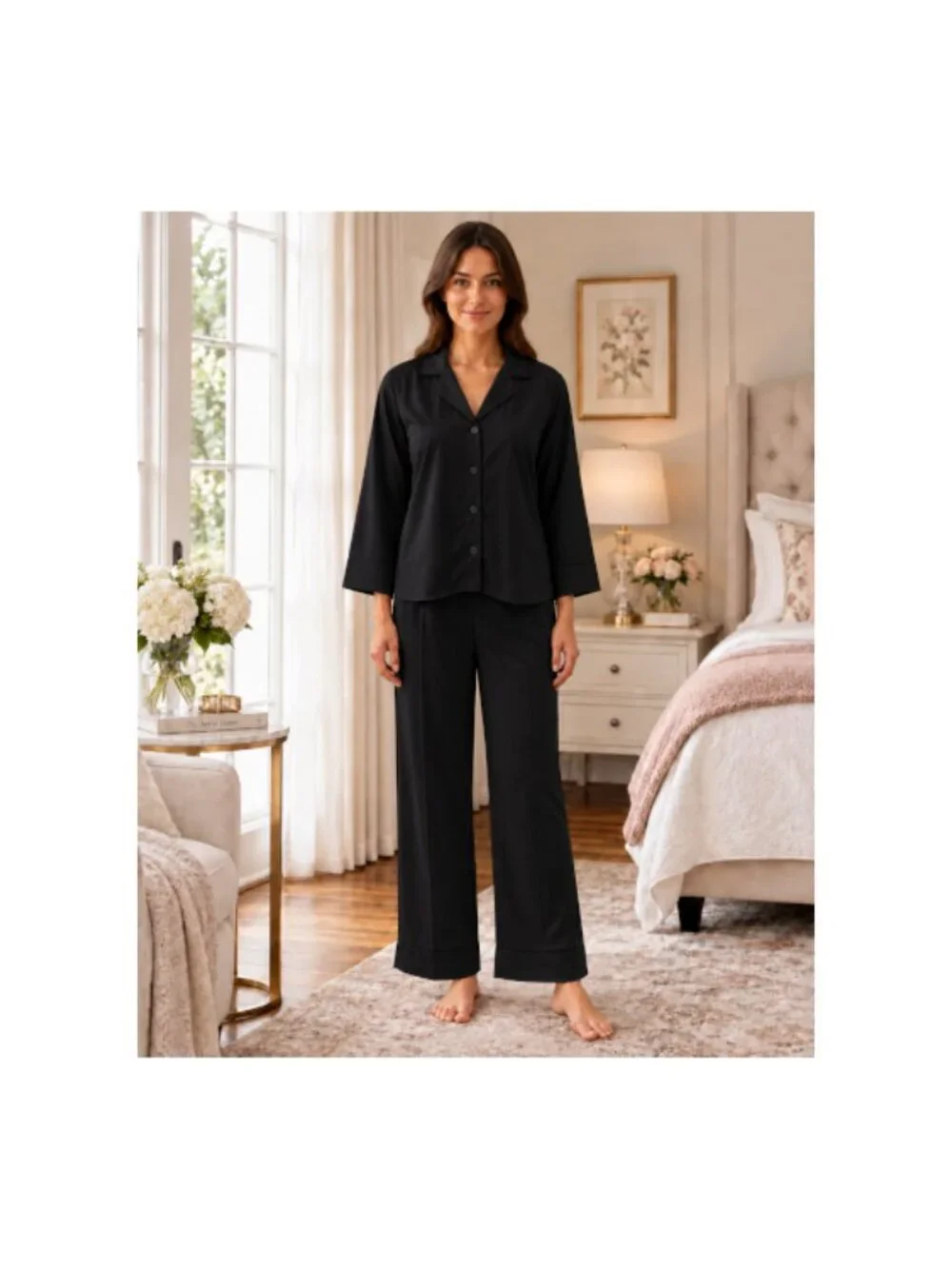 SoieRose Black 100% Cotton Classic Cotton Pajama Set for Women - SR-1343